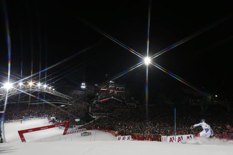 Alexis Pinturault takes second place at night during the men's slalom in Schladming.