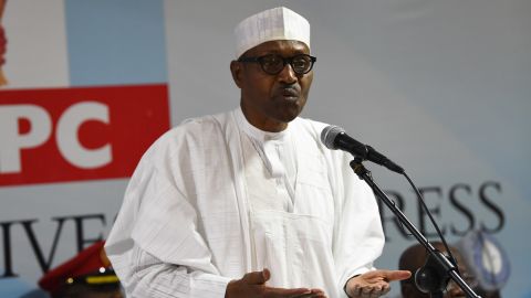 President Muhammadu Buhari delivers a speech during his party's emergency meeting on the postponed general elections in the capital city of Abuja on Monday.