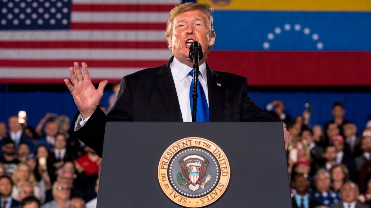 President Donald Trump speaks to a Venezuelan American community at Florida Ocean Bank Convocation Center at Florida International University in Miami, Fla., Monday, Feb. 18, 2019. (AP Photo/Andrew Harnik)