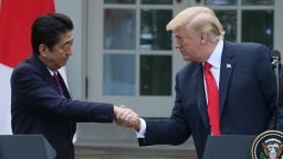 WASHINGTON, DC - JUNE 07: U.S. President Donald Trump (R) and Japanese Prime Minister Shinzo Abe shake hands as they speak to the media during a news conference in the Rose Garden at the White House, on June 7, 2018 in Washington, DC. The two leaders met to discuss next week's summit with North Korea. (Photo by Mark Wilson/Getty Images)
