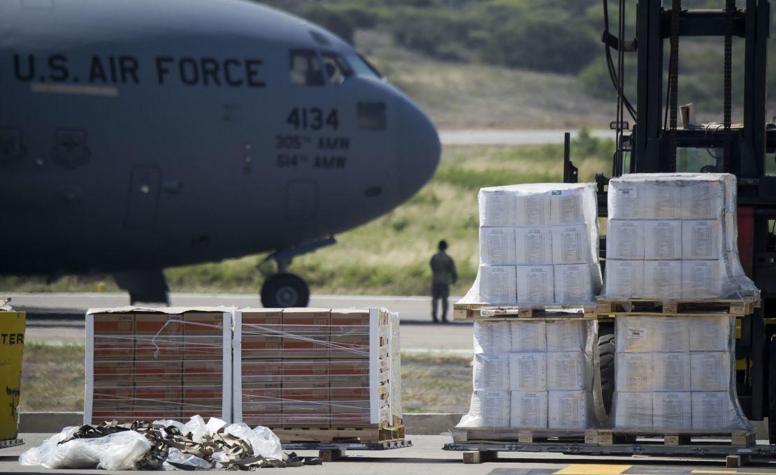 Food and medicine aid for Venezuela is unloaded from a US Air Force C-17 aircraft at Camilo Daza International Airport in Cucuta, Colombia.