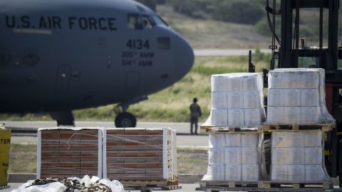 Food and medicine aid for Venezuela is unloaded from a US Air Force C-17 aircraft at Camilo Daza International Airport in Cucuta, Colombia.