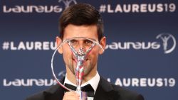 Laureus World Sportsman of The Year 2019 winner Serbia's tennis player Novak Djokovic poses with his award at the 2019 Laureus World Sports Awards ceremony at the Sporting Monte-Carlo complex in Monaco on February 18, 2019. (Photo by Valery HACHE / AFP)        (Photo credit should read VALERY HACHE/AFP/Getty Images)