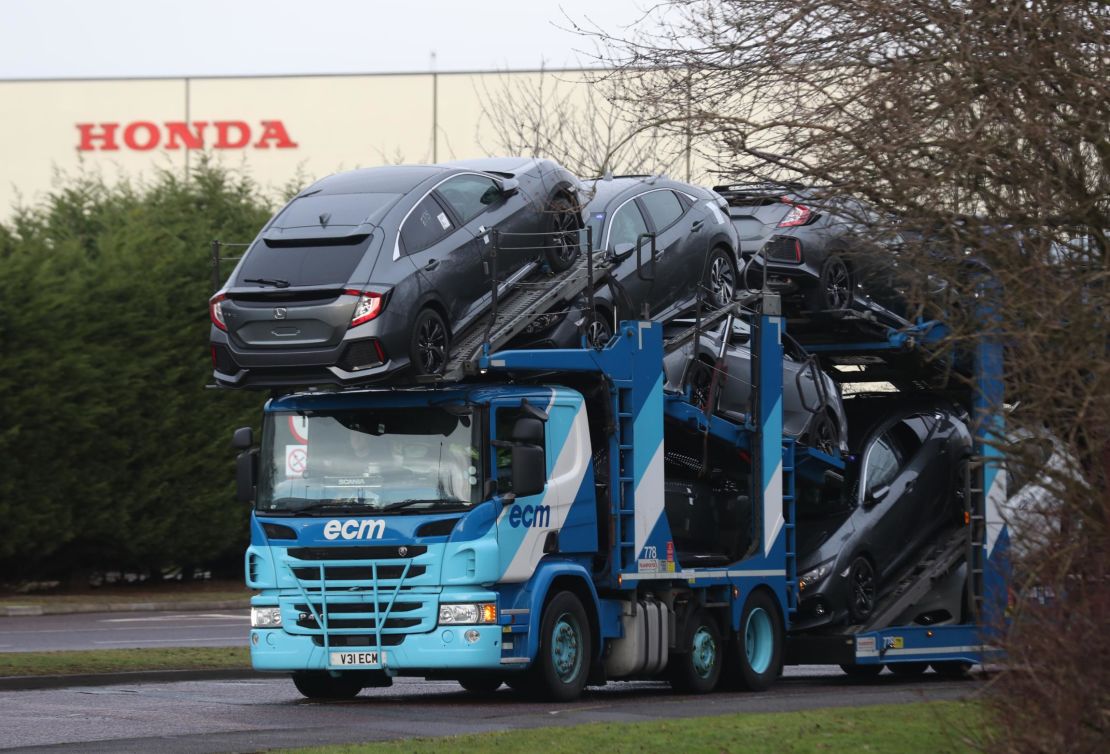 A car transporter at the Honda plant in Swindon.