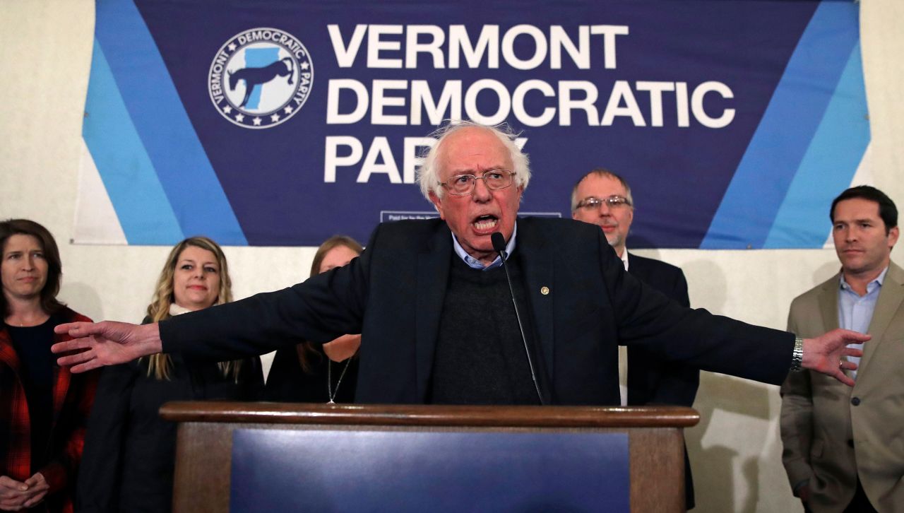 Sanders thanks supporters after winning re-election to the Senate in November 2018.