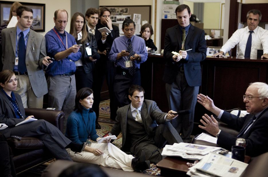 Sanders speaks to reporters in 2010 about the Obama administration's push to extend Bush-era tax cuts. Three days later, Sanders held a filibuster against the reinstatement of the tax cuts. His speech, which lasted more than eight hours, was published in book form in 2011. It is called "The Speech: A Historic Filibuster on Corporate Greed and the Decline of Our Middle Class."