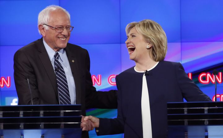 <a href="index.php?page=&url=http%3A%2F%2Fwww.cnn.com%2F2015%2F10%2F13%2Fpolitics%2Fgallery%2Fdemocratic-debate-las-vegas%2Findex.html" target="_blank">Sanders shakes hands with Hillary Clinton</a> at a Democratic debate in Las Vegas in October 2015. The hand shake came after Sanders' take on <a href="index.php?page=&url=http%3A%2F%2Fwww.cnn.com%2F2015%2F09%2F03%2Fpolitics%2Fhillary-clinton-email-controversy-explained-2016%2Findex.html" target="_blank">the Clinton email scandal.</a> "Let me say something that may not be great politics, but the secretary is right -- and that is that the American people are sick and tired of hearing about the damn emails," Sanders said. "Enough of the emails, let's talk about the real issues facing the United States of America."
