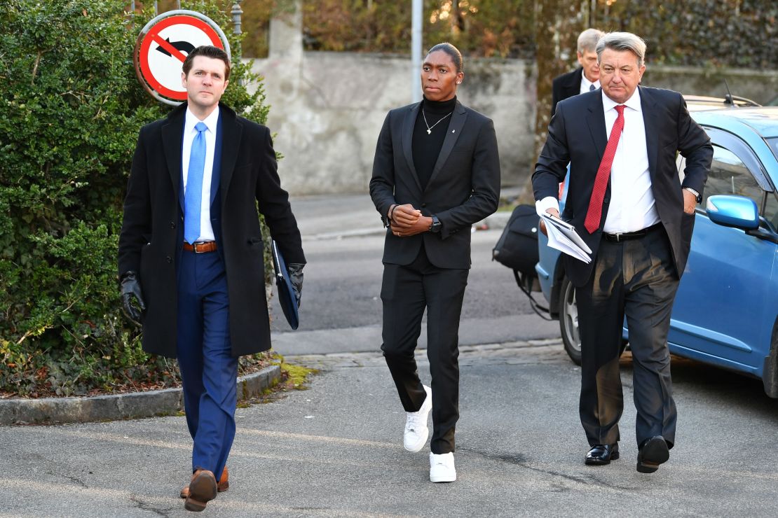 Semenya (center) arrives for a landmark hearing at the Court of Arbitration for Sport (CAS).