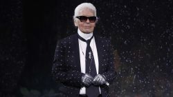 German fashion designer Karl Lagerfeld acknowledges the audience at the end of Fendi 2017-2018 fall/winter Haute Couture collection in Paris on July 5, 2017. (Photo by Patrick KOVARIK / AFP)        (Photo credit should read PATRICK KOVARIK/AFP/Getty Images)