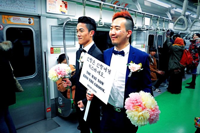 The activist's work ranges from writing a novel about his experience of coming out, to taking part in a mock gay wedding ceremony in Seoul's metro. 