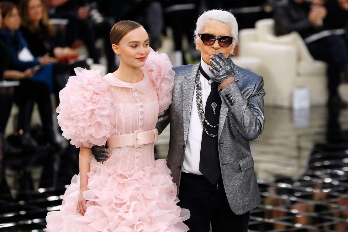 Lagerfeld with Lily-Rose Melody Depp at Chanel's show in Paris in January 2017.