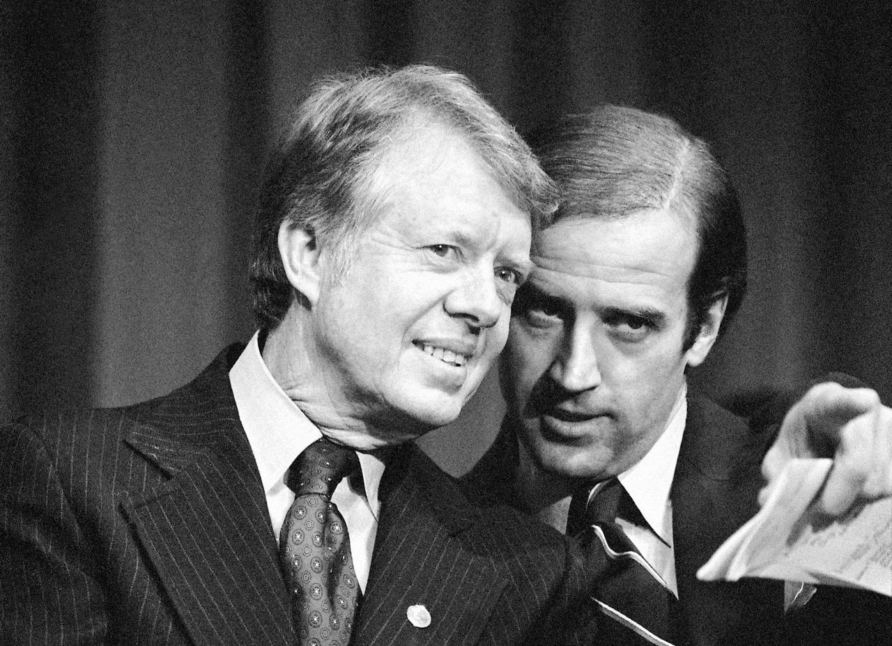 Biden speaks with US President Jimmy Carter at a fundraising event in Delaware in 1978. Later that year, Biden was re-elected to the Senate. He kept getting re-elected until he resigned in 2009 and became Barack Obama's vice president.