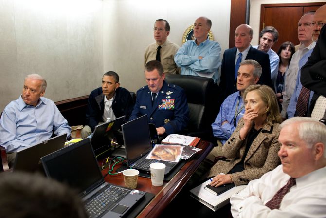 Biden sits with Obama and members of Obama's national security team as they monitor <a href="index.php?page=&url=http%3A%2F%2Fwww.cnn.com%2F2016%2F04%2F30%2Fpolitics%2Fobama-osama-bin-laden-raid-situation-room%2F" target="_blank">the mission against Osama bin Laden</a> in May 2011. <em>(Editor's note: The classified document in front of Hillary Clinton was obscured by the White House.)</em>