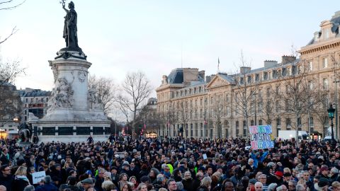 People take part in a rally against anti-Semitism at Republique Square in Paris on February 19.