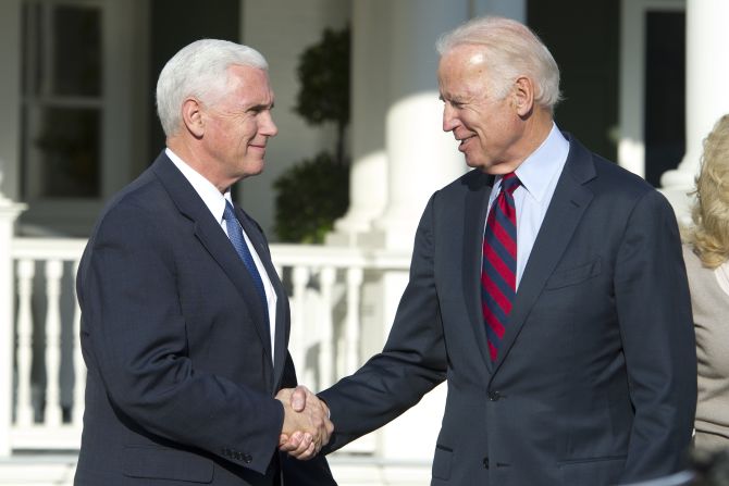 Biden shakes hands with his successor, Mike Pence, after <a href="index.php?page=&url=http%3A%2F%2Fwww.cnn.com%2F2016%2F11%2F16%2Fpolitics%2Fjoe-biden-mike-pence%2F" target="_blank">they had lunch in Washington, DC,</a> in November 2016.