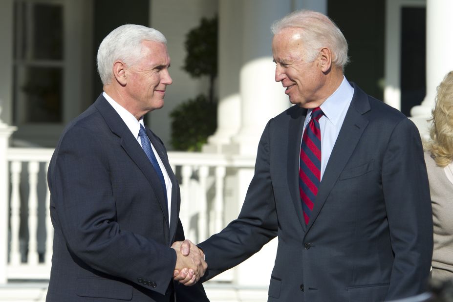 Biden shakes hands with his successor, Mike Pence, after <a href="http://www.cnn.com/2016/11/16/politics/joe-biden-mike-pence/" target="_blank">they had lunch in Washington, DC</a>, in November 2016.