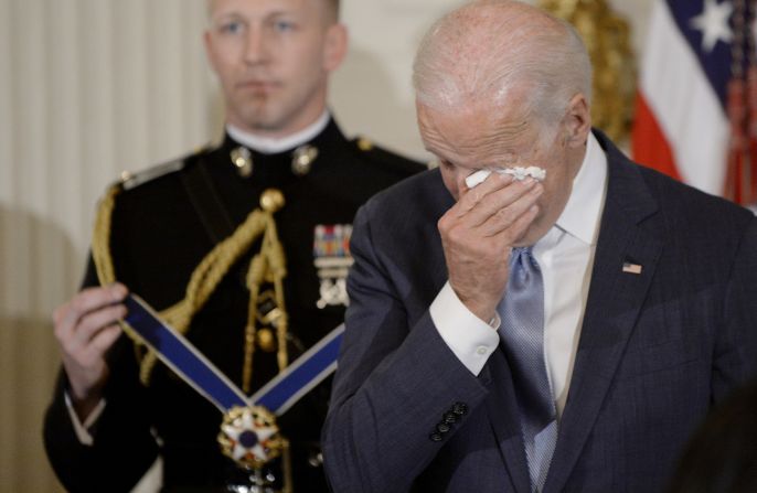 Biden wipes away tears as Obama <a href="index.php?page=&url=http%3A%2F%2Fwww.cnn.com%2F2017%2F01%2F12%2Fpolitics%2Fbiden-awarded-presidential-medal-of-freedom%2Findex.html" target="_blank">surprises him with the Presidential Medal of Freedom</a> in January 2017. "For your faith in your fellow Americans, for your love of country and for your lifetime of service that will endure through the generations, I'd like to ask the military aide to join us on stage," Obama said in the ceremony. "For my final time as President, I am pleased to award our nation's highest civilian honor, the Presidential Medal of Freedom." 