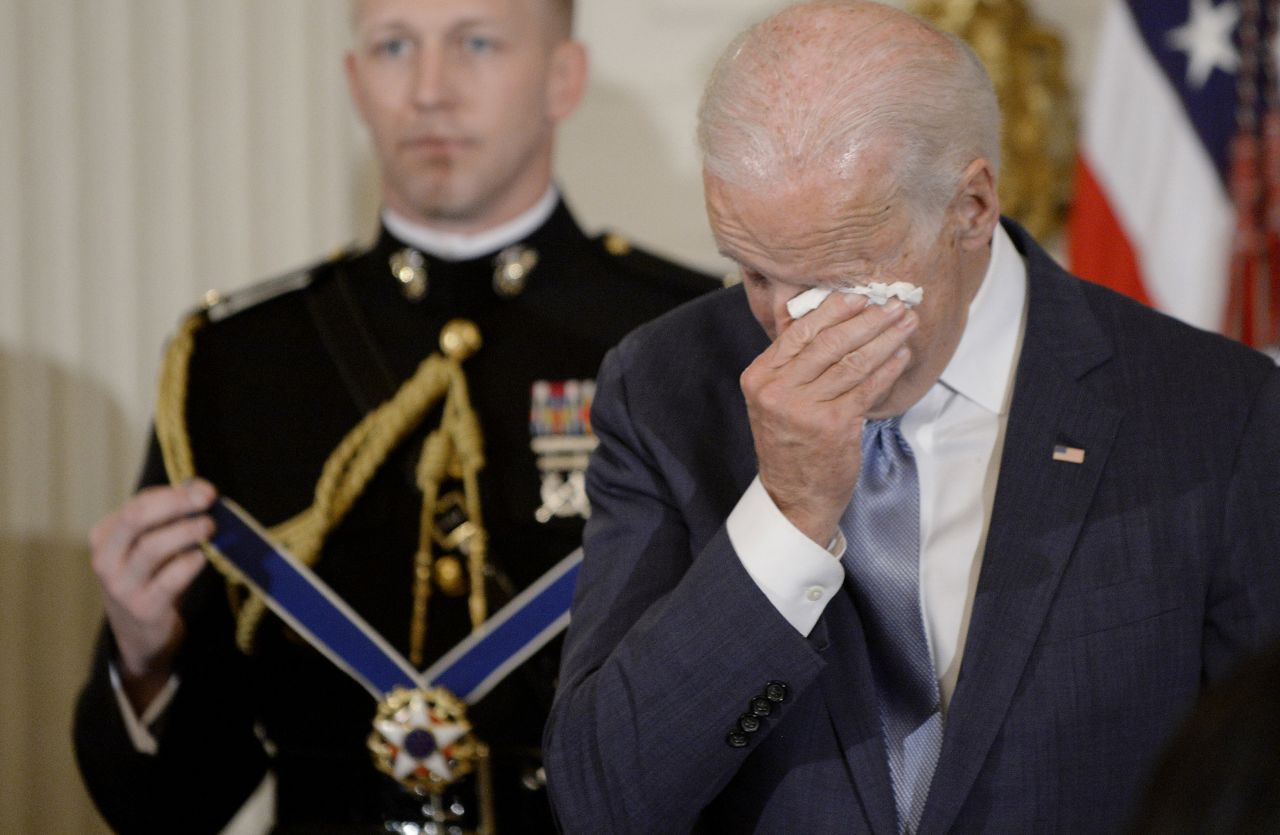 Biden wipes away tears as Obama <a href="http://www.cnn.com/2017/01/12/politics/biden-awarded-presidential-medal-of-freedom/index.html" target="_blank">surprises him with the Presidential Medal of Freedom</a> in January 2017. "For your faith in your fellow Americans, for your love of country and for your lifetime of service that will endure through the generations, I'd like to ask the military aide to join us on stage," Obama said in the ceremony. "For my final time as President, I am pleased to award our nation's highest civilian honor, the Presidential Medal of Freedom." 