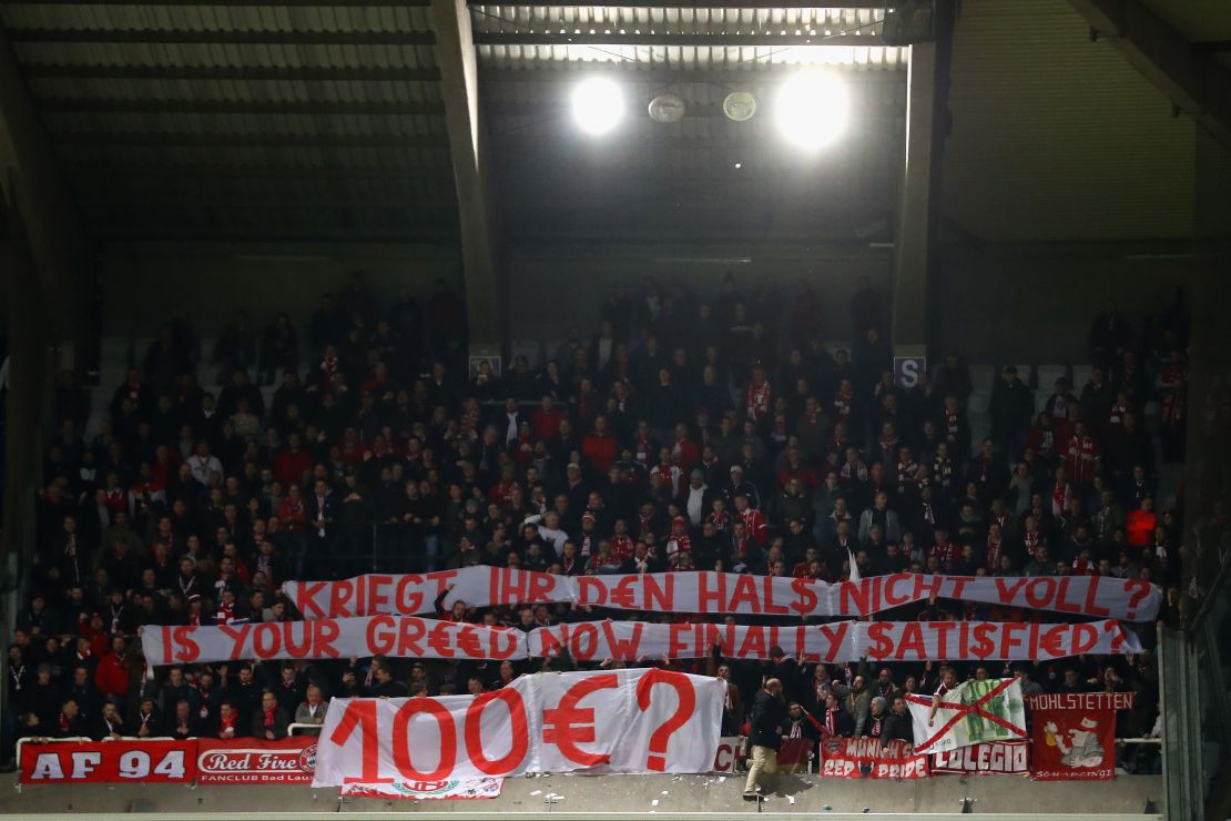 Bayern fans display a banner as they protest against ticket prices during the Champions League match at Anderlecht in 2017.