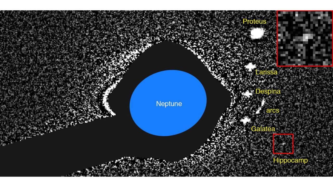This is the earliest image of Hippocamp, obtained by Hubble. Hippocamp is shown inside the red box, and an enlarged version is inset at upper right.