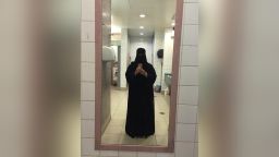 This photo was taken at the toilet airport during a trip to Turkey. The sisters wore this type of niqab when they were traveling outside Saudi Arabia.