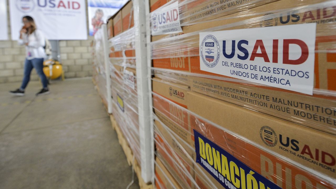 Boxes of aid ready for distribution sit inside a warehouse at the Tienditas International Bridge in Cucuta, Colombia, on Tuesday.
