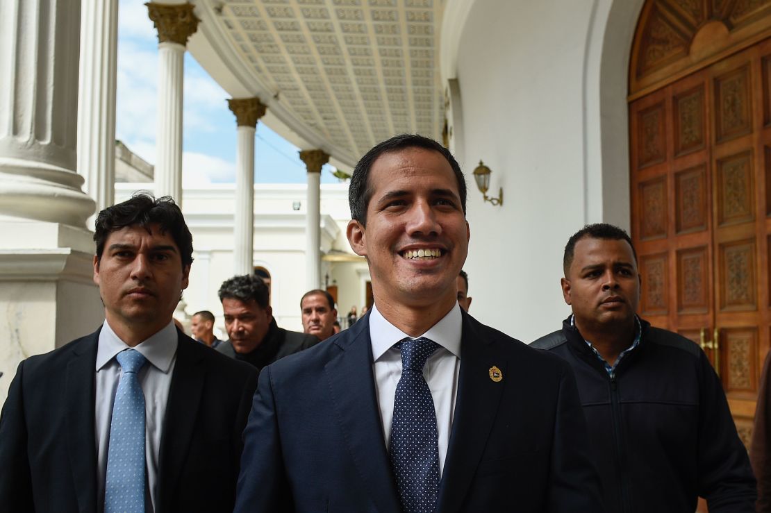 Venezuelan opposition leader and self-declared acting president Juan Guaido leaves the National Assembly in Caracas after attending a meeting with ambassadors.