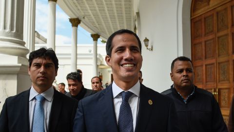 Venezuelan opposition leader and self-declared acting president Juan Guaido leaves the National Assembly in Caracas after attending a meeting with ambassadors.