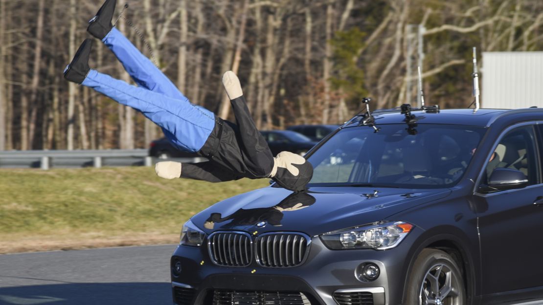 The BMW X1's crash avoidance system failed to respond to a mannequin moving as if walking along the side of the road.