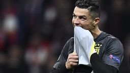 Juventus' Portuguese forward Cristiano Ronaldo reacts during the UEFA Champions League round of 16 first leg football match between Club Atletico de Madrid and Juventus FC at the Wanda Metropolitan stadium in Madrid on February 20, 2019. (Photo by OSCAR DEL POZO / AFP)        (Photo credit should read OSCAR DEL POZO/AFP/Getty Images)