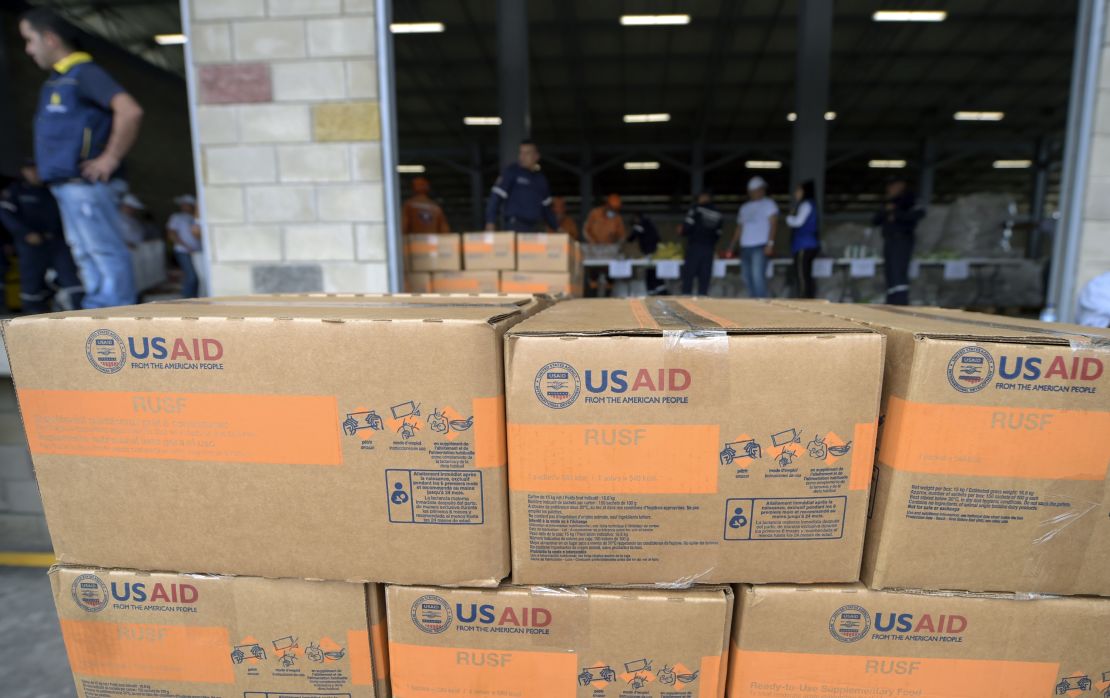 Boxes of US humanitarian aid in Cucuta, Colombia.