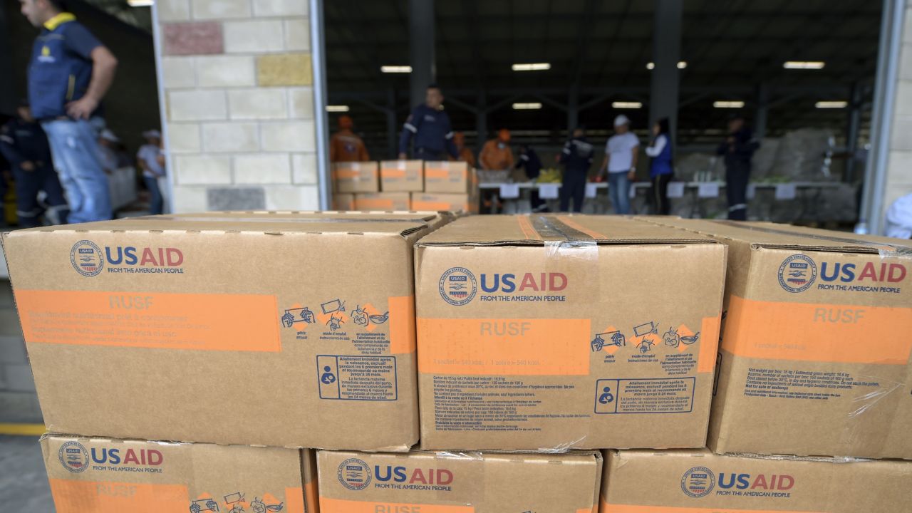 Boxes of US humanitarian aid in Cucuta, Colombia.