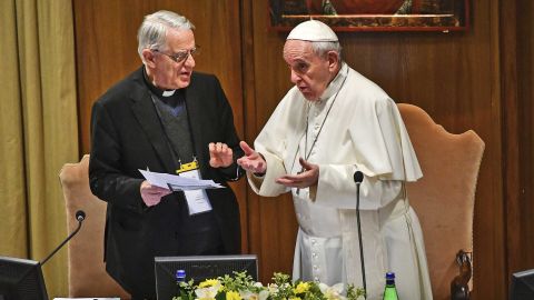 Pope Francis seen speaking with Rev. Federico Lombardi, left, the former Vatican spokesman who is moderating the summit, on Thursday.