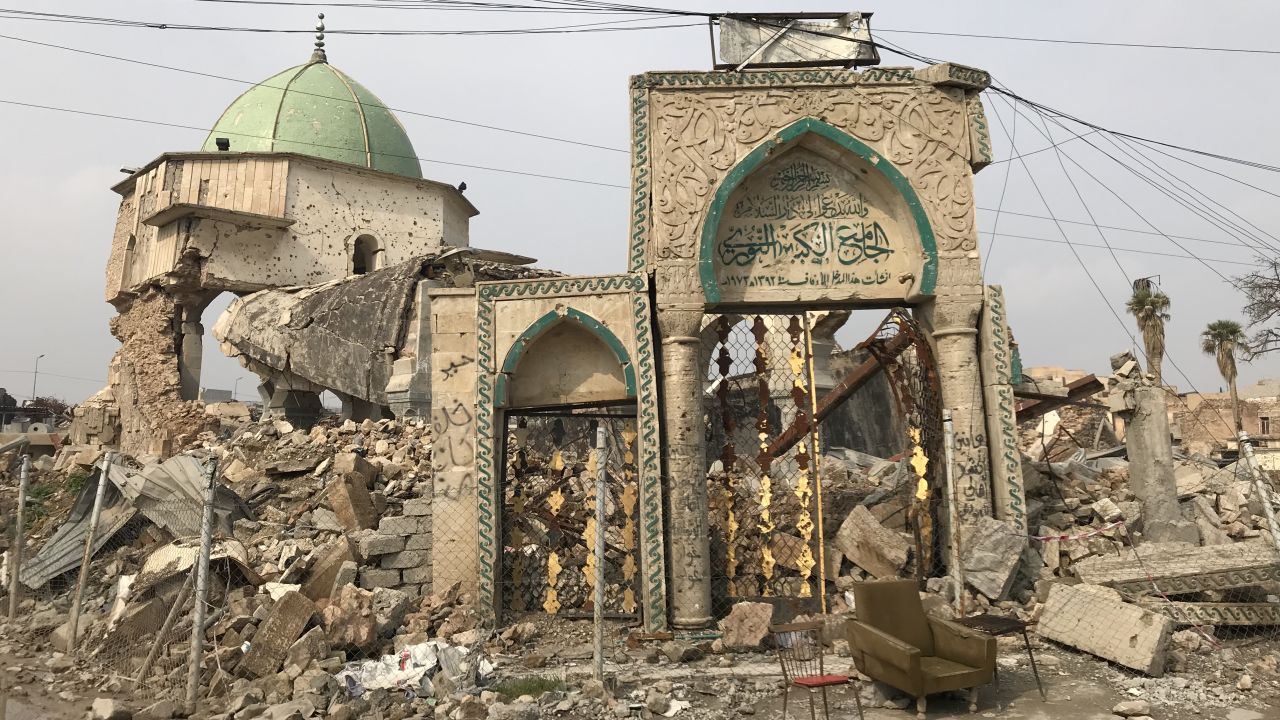 The gate of the al-Nuri Mosque still stands despite heavy attacks during the battle for Mosul.