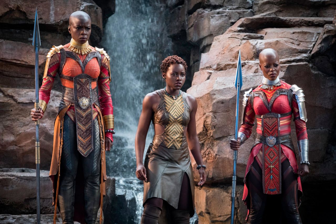 The Dora Milaje, an all-female security squad, wear tabords covered in intricate beading. 