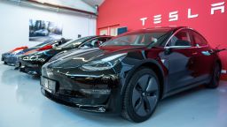 14 February 2019, Hessen, Frankfurt/Main: Tesla Model 3 are located in a Tesla Service Center in Frankfurt. Photo: Silas Stein/dpa (Photo by Silas Stein/picture alliance via Getty Images)