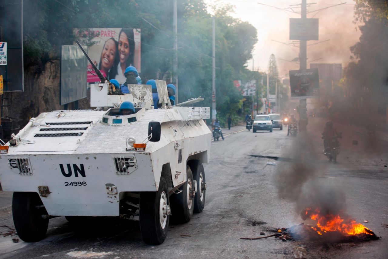 UN forces from Senegal patrol a street in Port-au-Prince on Saturday, February 9.