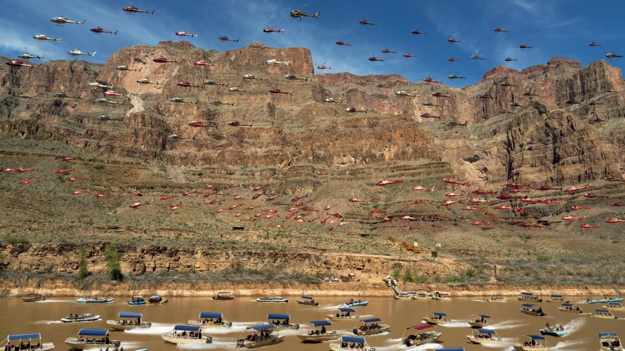 Over eight hours in one day, McBride captured 263 helicopter flights and 40 boat rides on the southwest boundary of Grand Canyon and turned them into this merged image. 