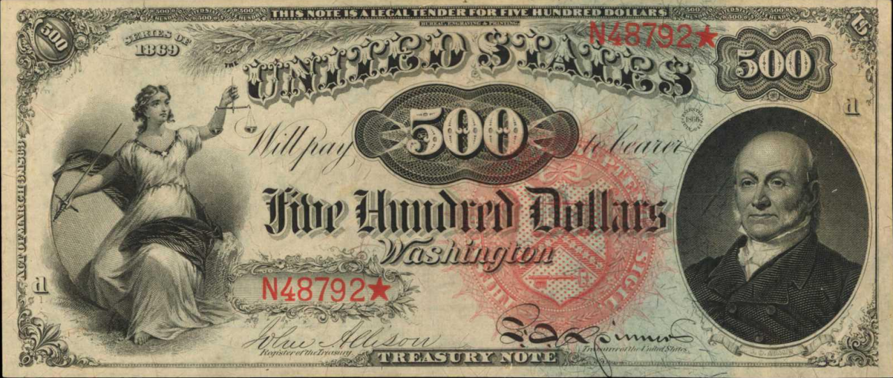 A $500 "Rainbow" note from 1869, featuring a portrait of President John Quincy Adams.