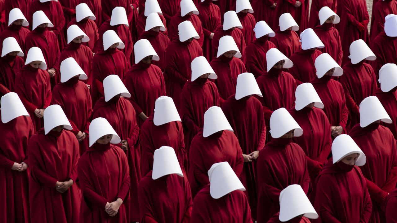 A scene from the television series "The Handmaid's Tale" is filmed on the National Mall in Washington on Friday, February 15.
