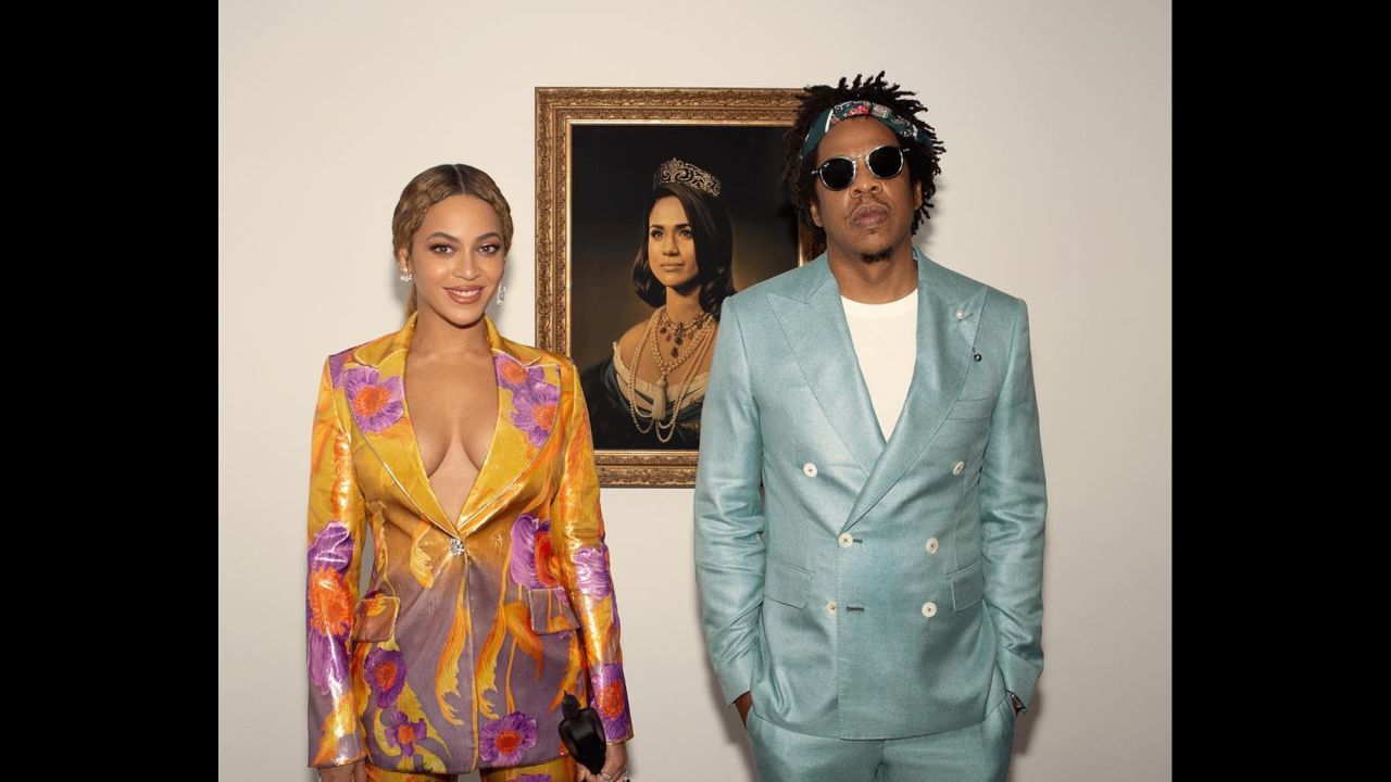 Singer Beyonce and her husband, rapper Jay-Z, pose in front of a portrait of Meghan, the Duchess of Sussex, as they <a href="https://www.cnn.com/style/article/beyonce-brit-awards-meghan-duchess-of-sussex-jay-z-trnd/index.html" target="_blank">accept a Brit Award via video message</a> on Wednesday, February 20. "In honor of Black History Month, we bow down to one of our Melanated Monas," <a href="https://www.instagram.com/p/BuHvVDPgVdF/" target="_blank" target="_blank">Beyonce said on her Instagram account.</a> "Congrats on your pregnancy! We wish you so much joy."