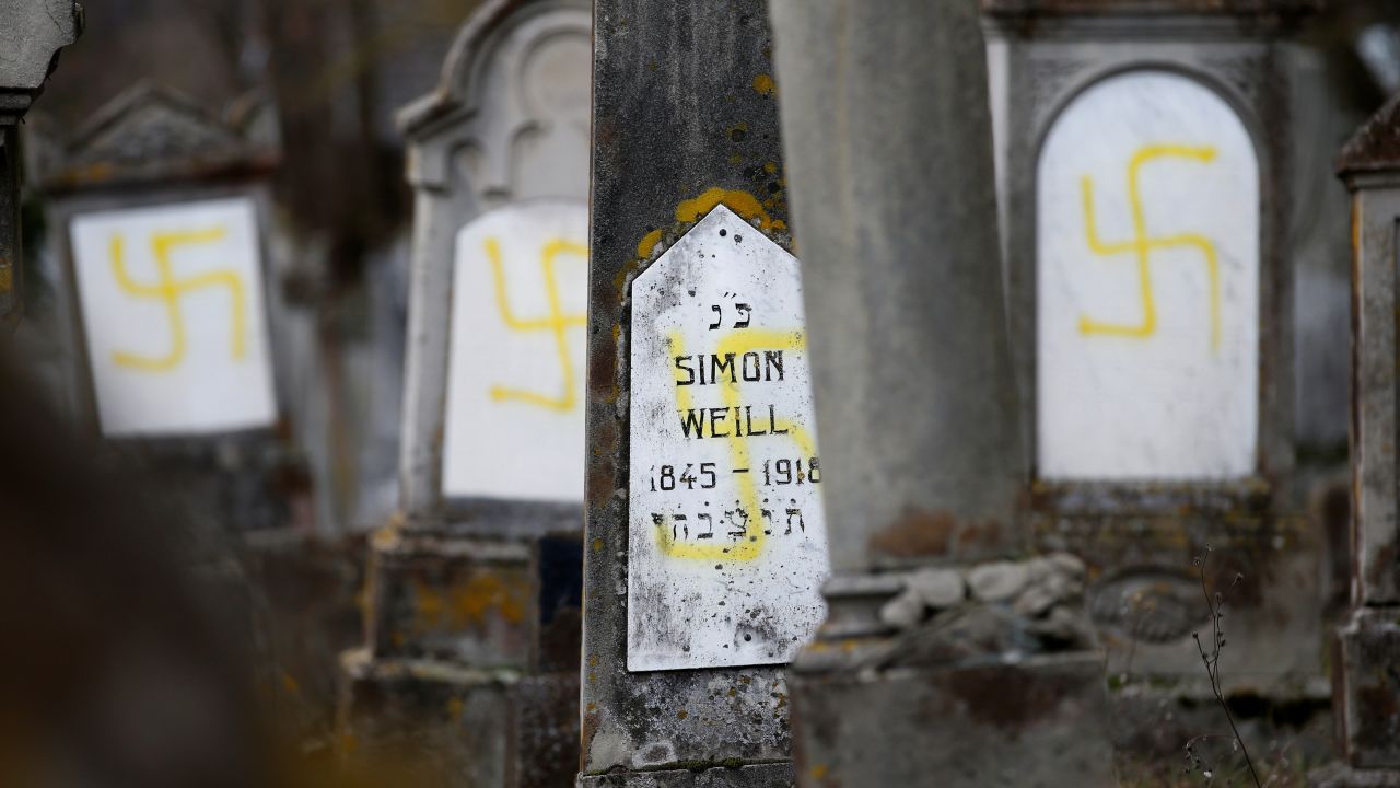 Graves are desecrated with swastikas at a Jewish cemetery in Quatzenheim, France, on Tuesday, February 19. Around 80 graves <a href="https://www.cnn.com/2019/02/19/europe/anti-semitism-protest-france-intl/index.html" target="_blank">were vandalized overnight,</a> according to local officials. It was the second recent attack at a Jewish cemetery in France. Tombstones and a holocaust memorial were vandalized outside Strasbourg in December.