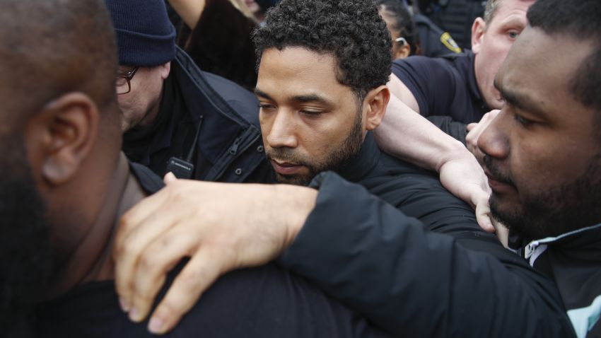 "Empire" actor Jussie Smollett leaves Cook County jail following his release, Thursday, Feb. 21, 2019, in Chicago. Smollett was charged with disorderly conduct and filling a false police report when he said he was attacked in downtown Chicago by two men who hurled racist and anti-gay slurs and looped a rope around his neck, a police official said. (AP Photo/Kamil Krzaczynski)