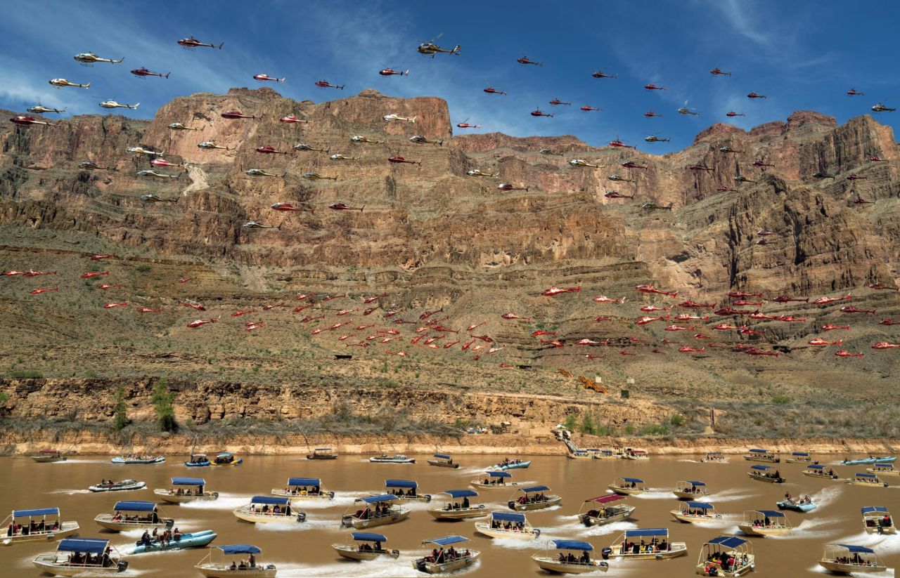 <strong>Hundreds of helicopters.</strong> McBridge created this photographic merge to illustrate one day of traffic in the canyon area known as "Heli Alley." Each helicopter represents one trip, for a total of 363 flights during that one eight-hour day.
