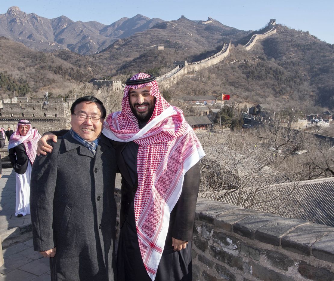 Saudi Crown Prince Mohammad Bin Salman with Chinese ambassador to Saudi Arabia, Li Huaxin, at the Great Wall of China, in February 2019.