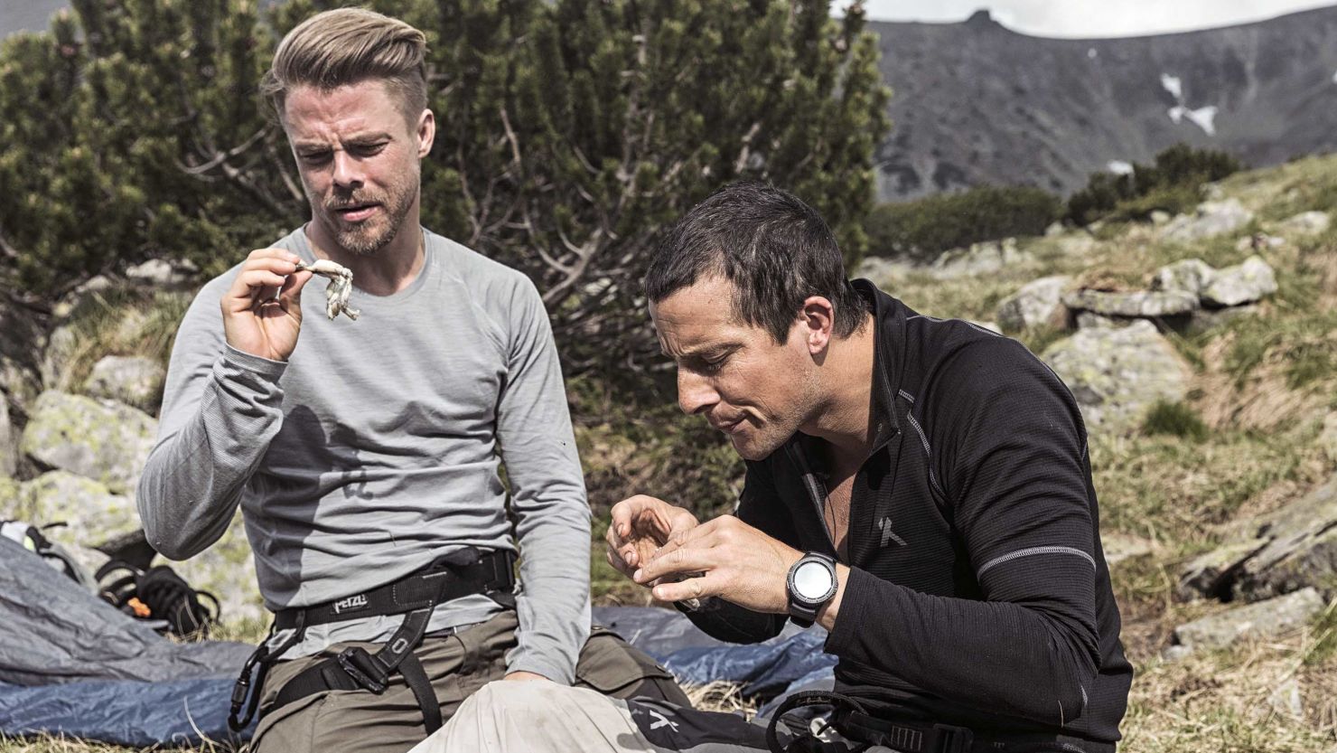 Bear Grylls, right, could face a fine from the Bulgarian government after killing a frog while filming in the Rila mountains with Derek Hough in 2017.