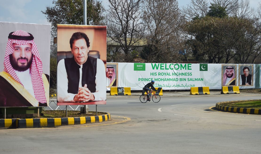 Billboards show  portraits of Saudi Arabian Crown Prince Mohammed bin Salman and Pakistan's Prime Minister Imran Khan ahead of his arrival in Islamabad on February 15, 2019.        