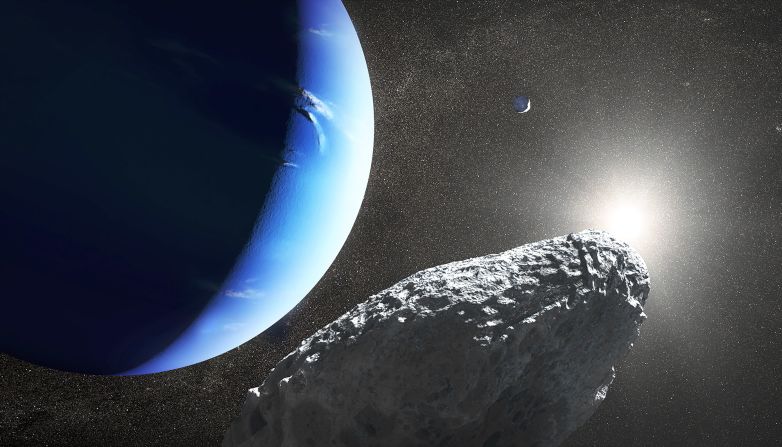 This is an artist's concept of the tiny moon Hippocamp that was discovered by the Hubble Space Telescope. Only 20 miles across, it may actually be a broken-off fragment from a much larger neighboring moon, Proteus, seen as a crescent in the background. 