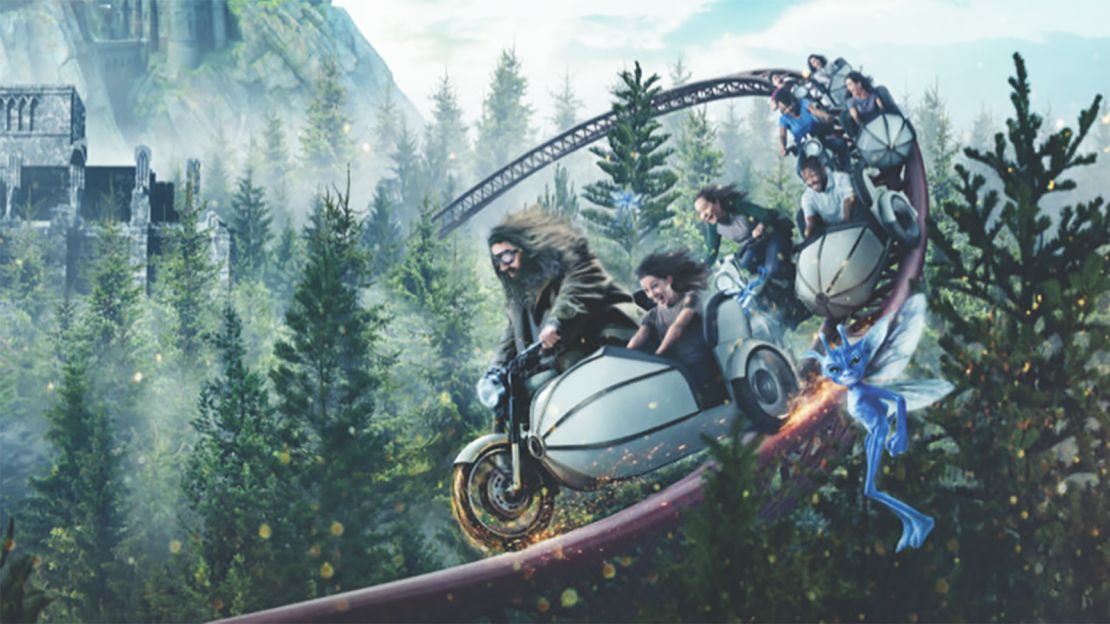 Riders embark on a high-speed journey around Hogwars' Forbidden Forest in the new ride.