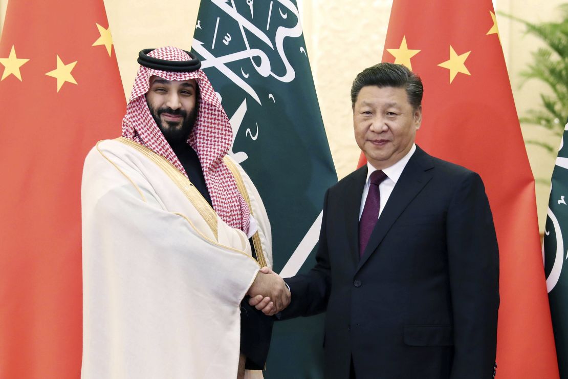 Saudi Crown Prince Mohammad bin Salman, left, with Chinese President Xi Jinping before their meeting at the Great Hall of the People in Beijing.